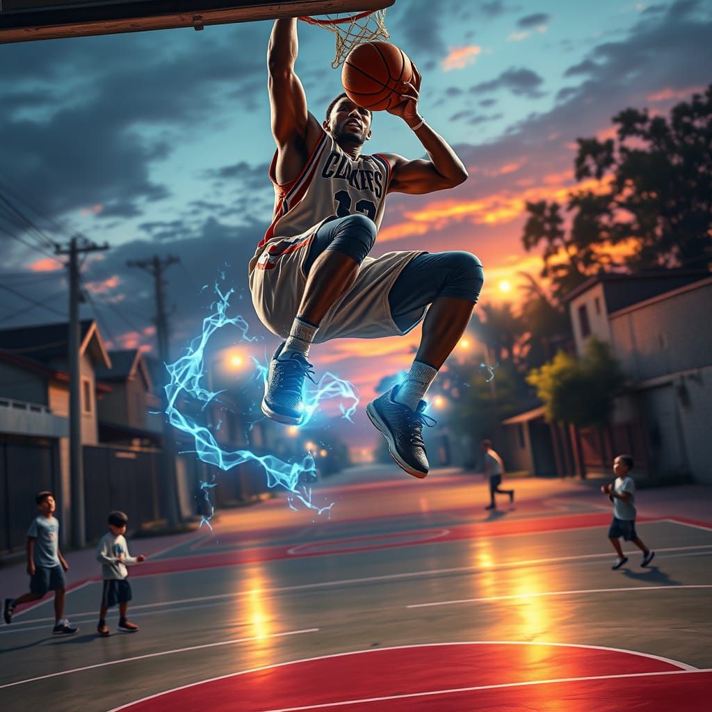 Basketball Player's Electric Dunk in Hyperrealistic Style