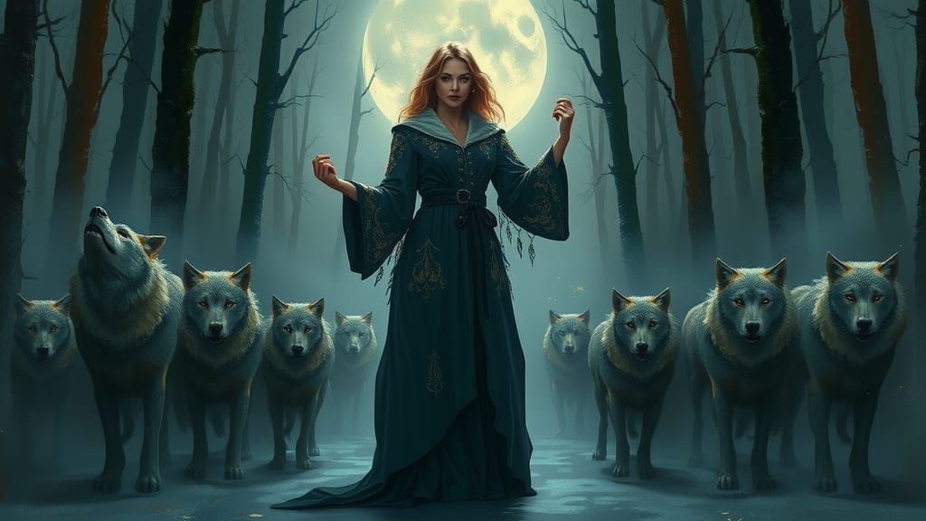 Triumphant Woman Leading Wolves in Moonlit Forest