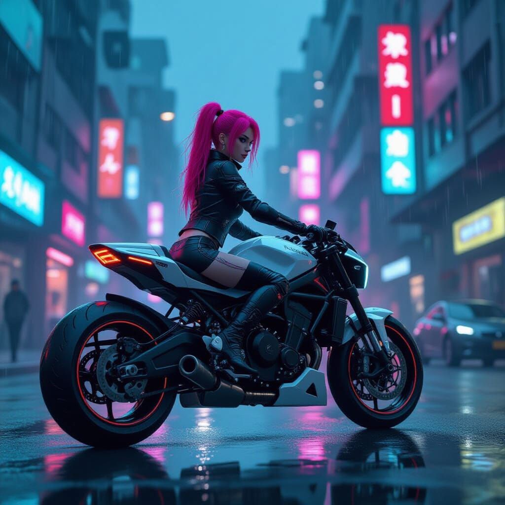 Cyberpunk Girl on Motorcycle in Neon Cityscape
