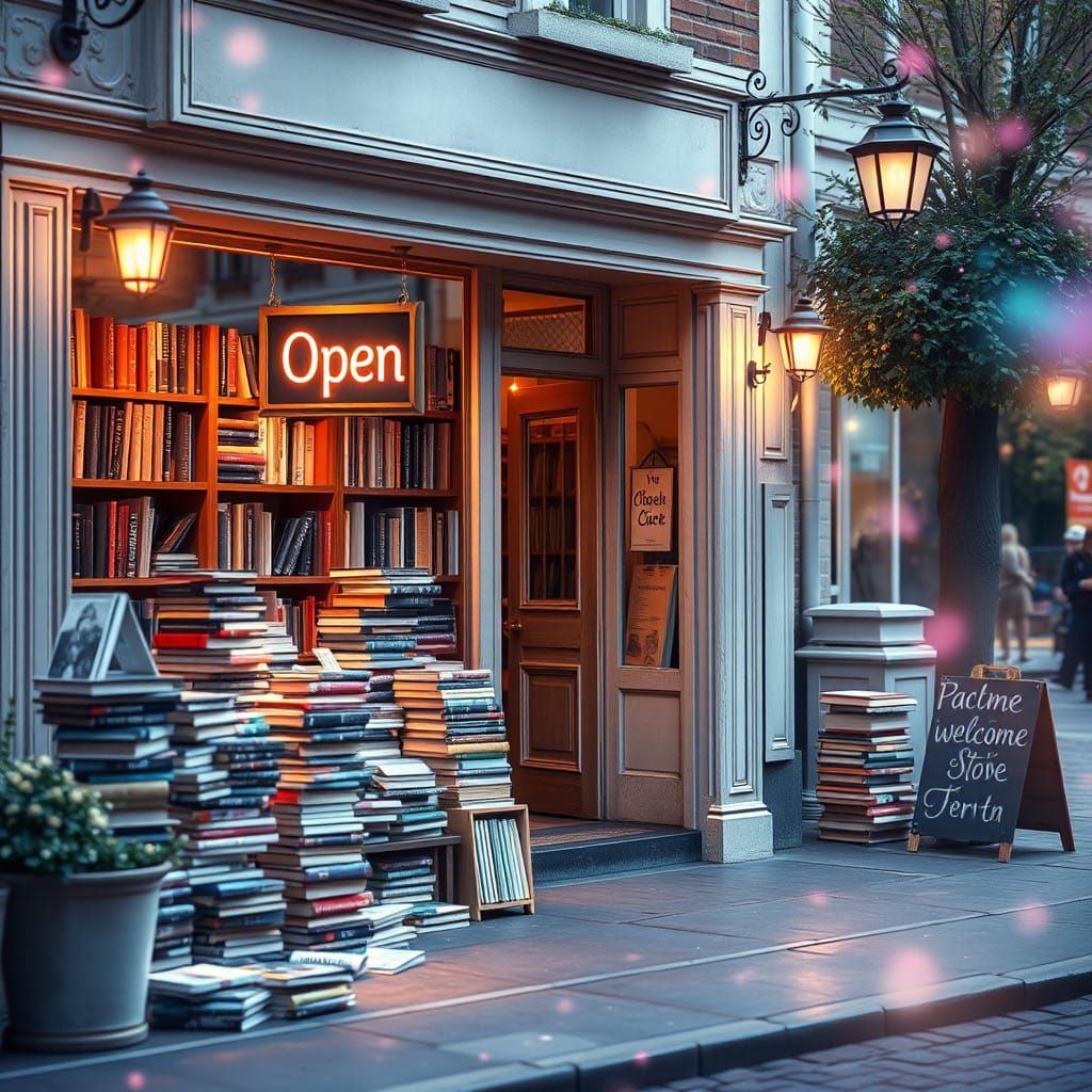 Dreamy Bookstore Scene in Ethereal Hues