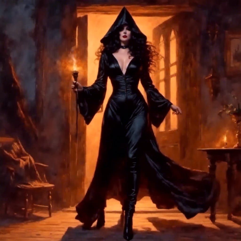 Gothic Sorceress in Dark Cabin with Golden Glow