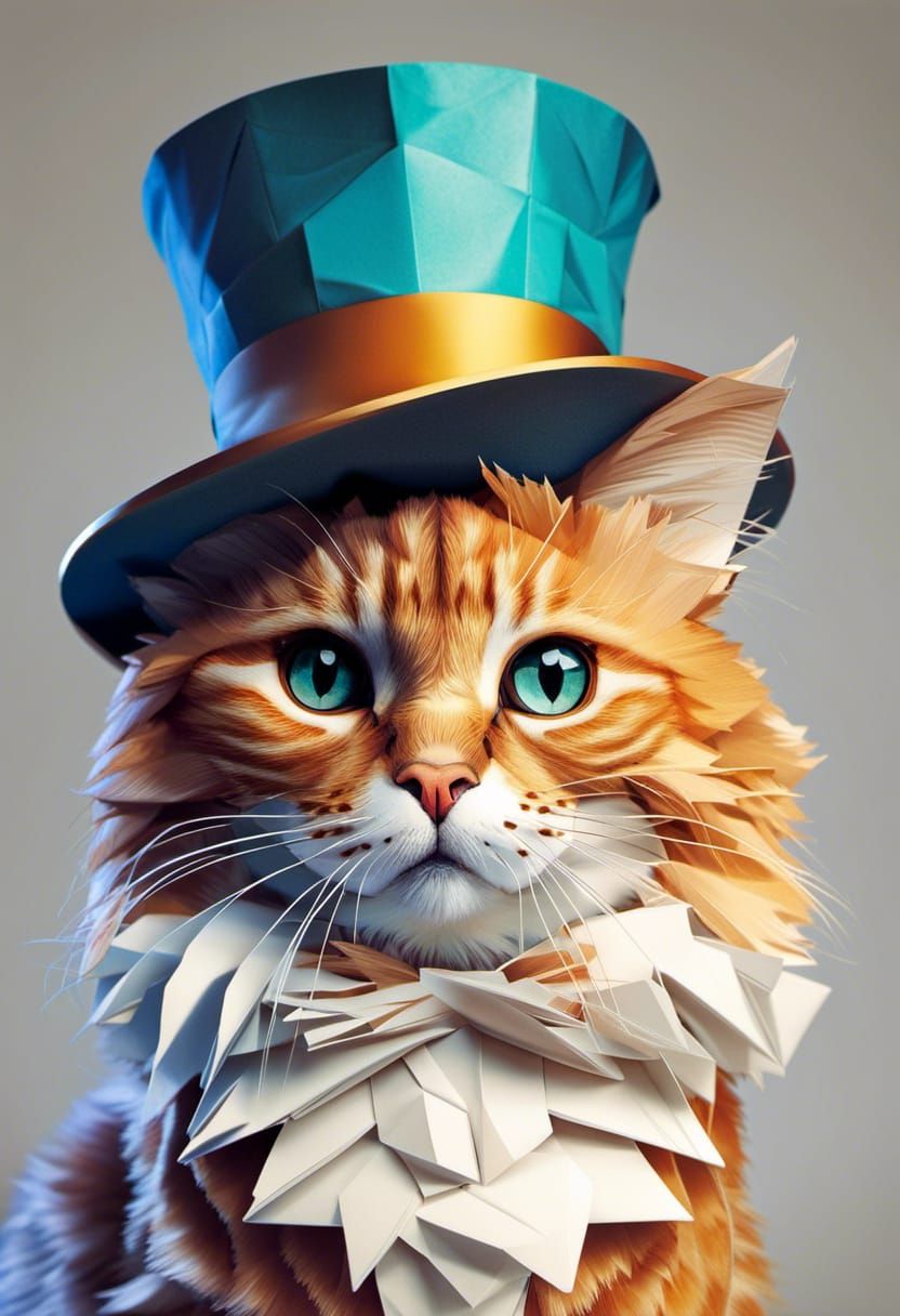 Origami Cat in Top Hat Papercraft Style