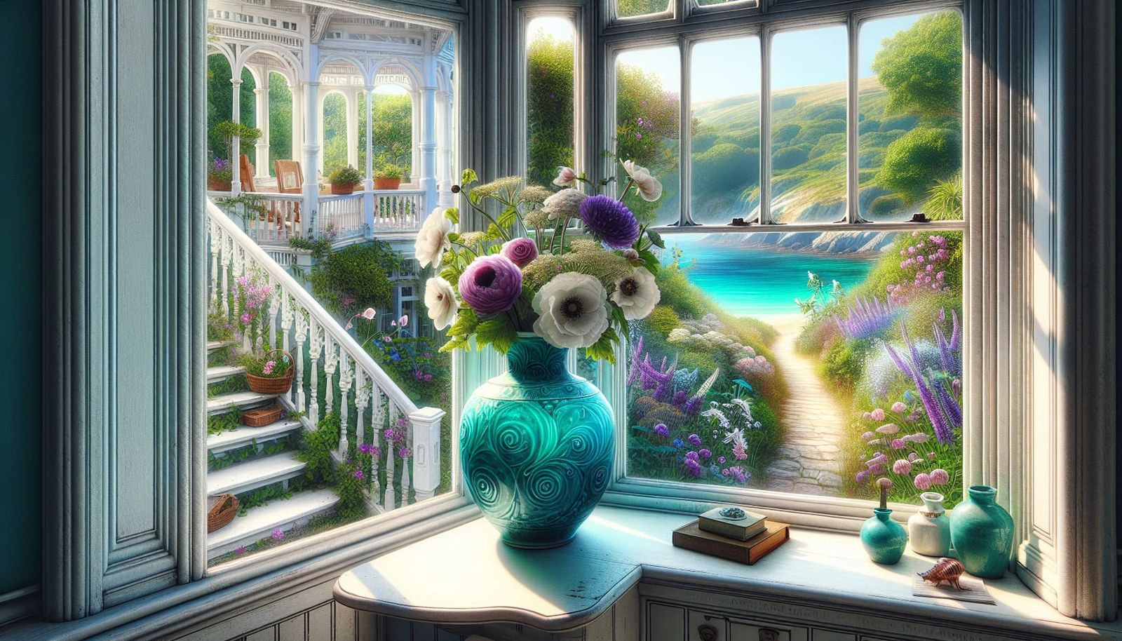 Victorian Veranda Scene with Turquoise Vase in Warm Sunlight