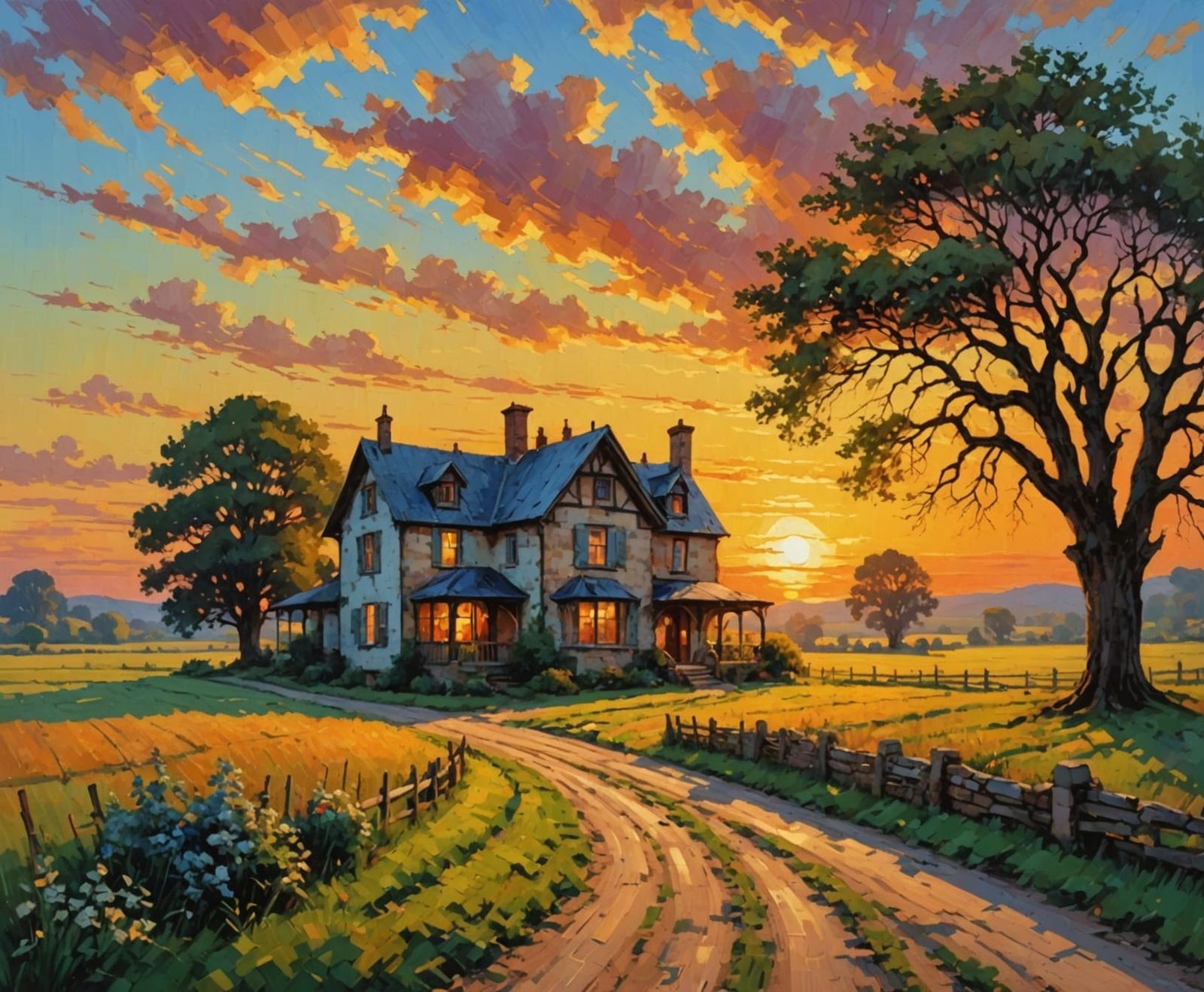 Impressionist Sunset with Rustic Country Home