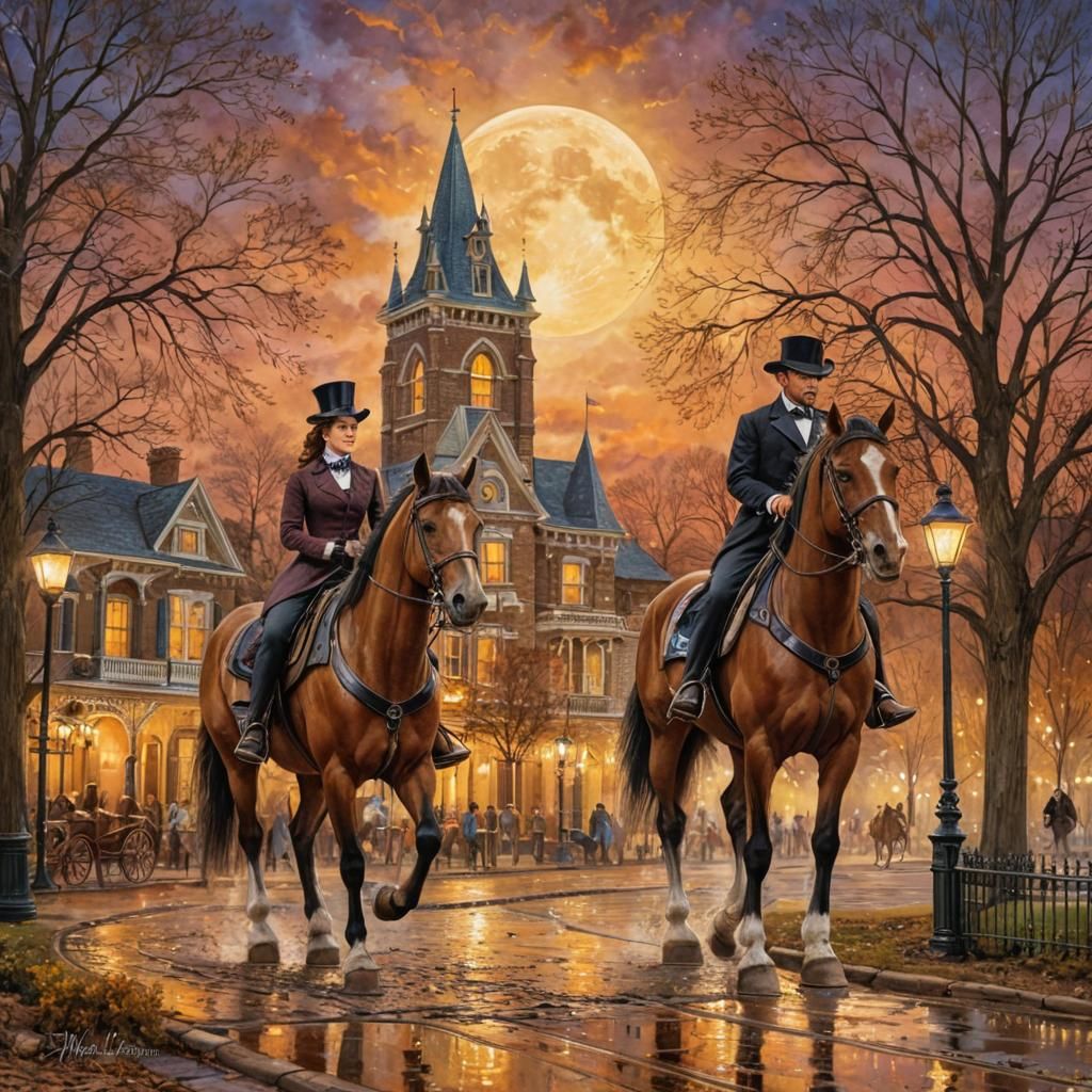 Victorian Town Square Park Nightscape with Riders