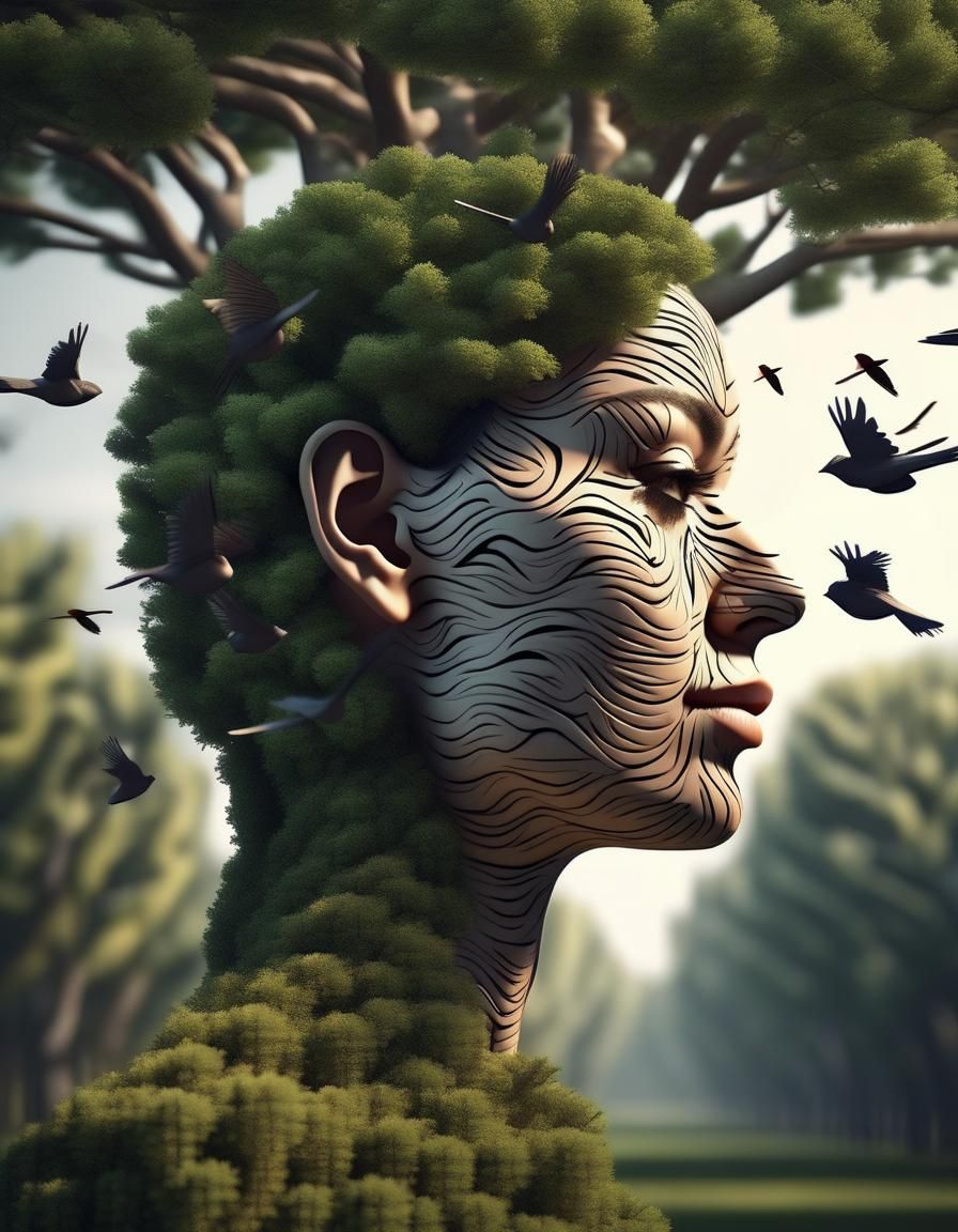 Hyperrealistic Optical Illusion: Face, Tree, and Birds