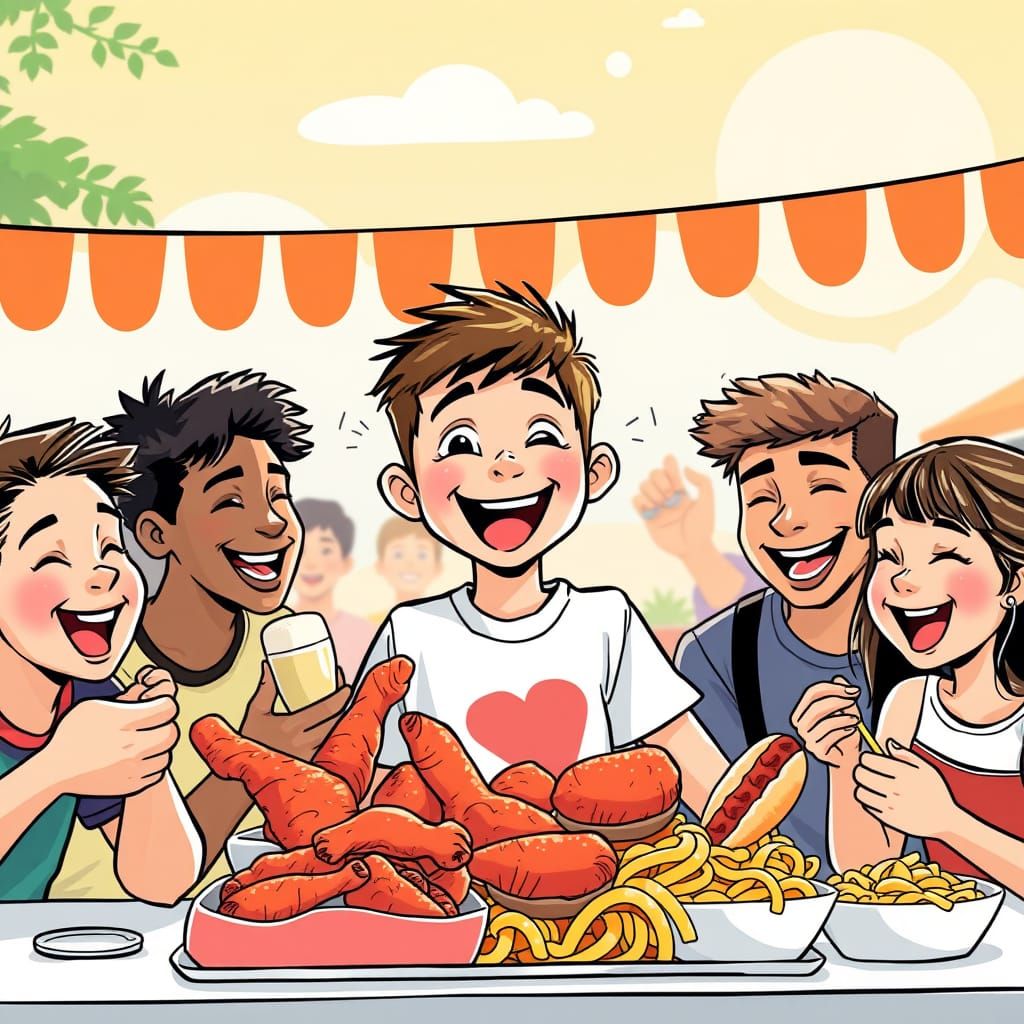 Youthful Friends Enjoy Vibrant Outdoor Food Fest in Bold, Pl...