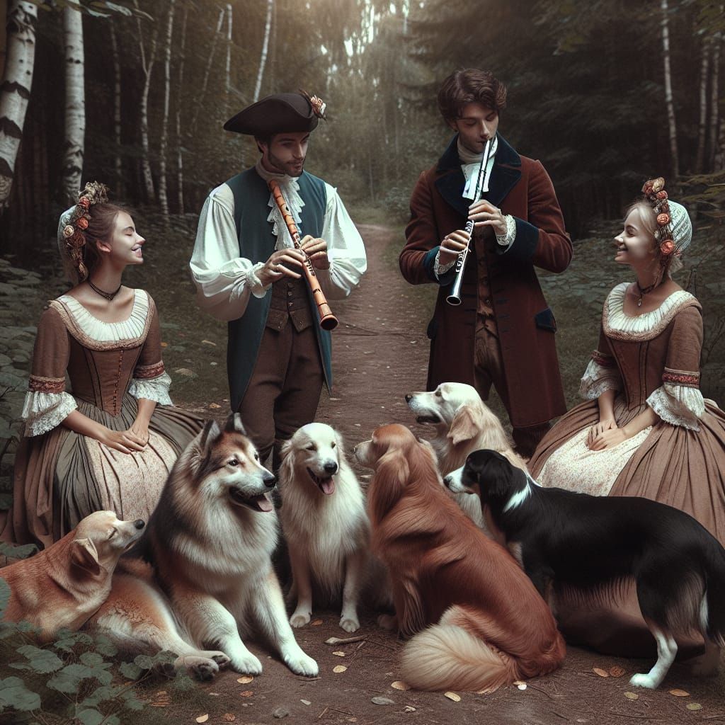 Vintage Gathering: People and Dogs in Forest