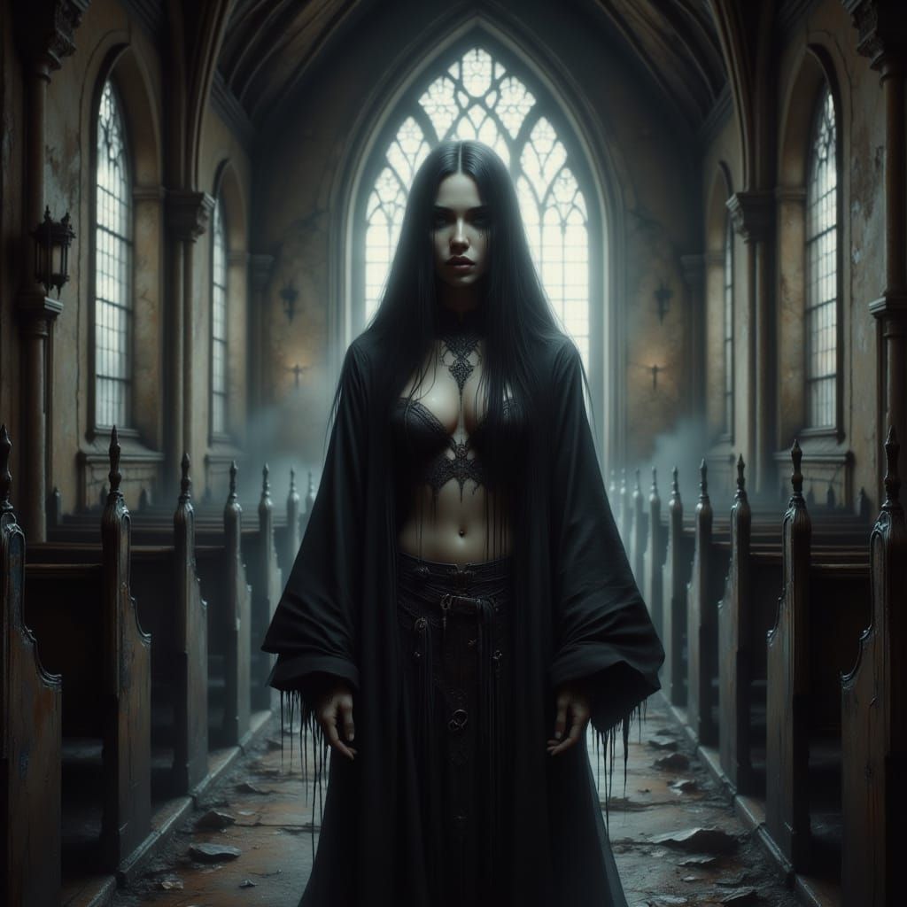 Crying Nun in Abandoned Church: Dark Fantasy Art