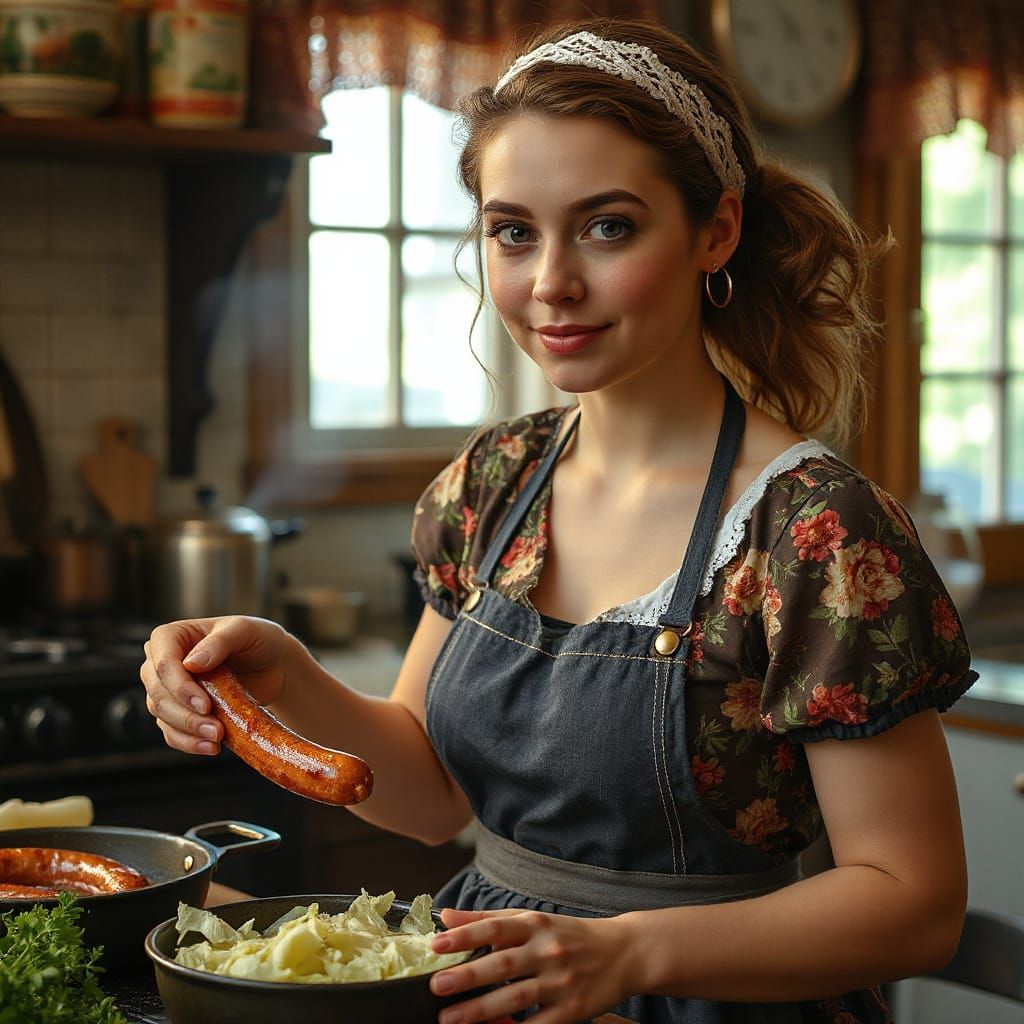 German Woman Cooking Sausage, Hyperrealistic Kitchen Scene