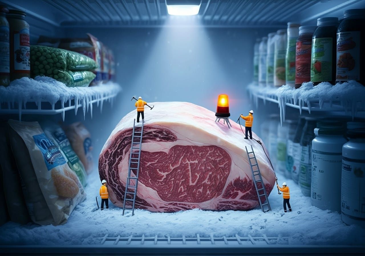 Dry-Aged Ribeye Steak in a Winter Wonderland Freezer Scene