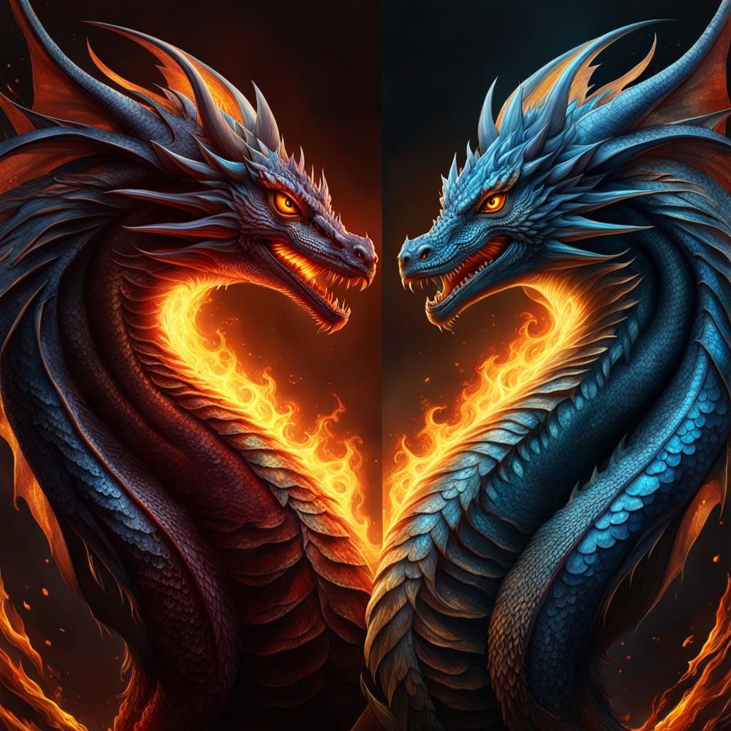Fire and Water Dragons in Dueling Mirrors