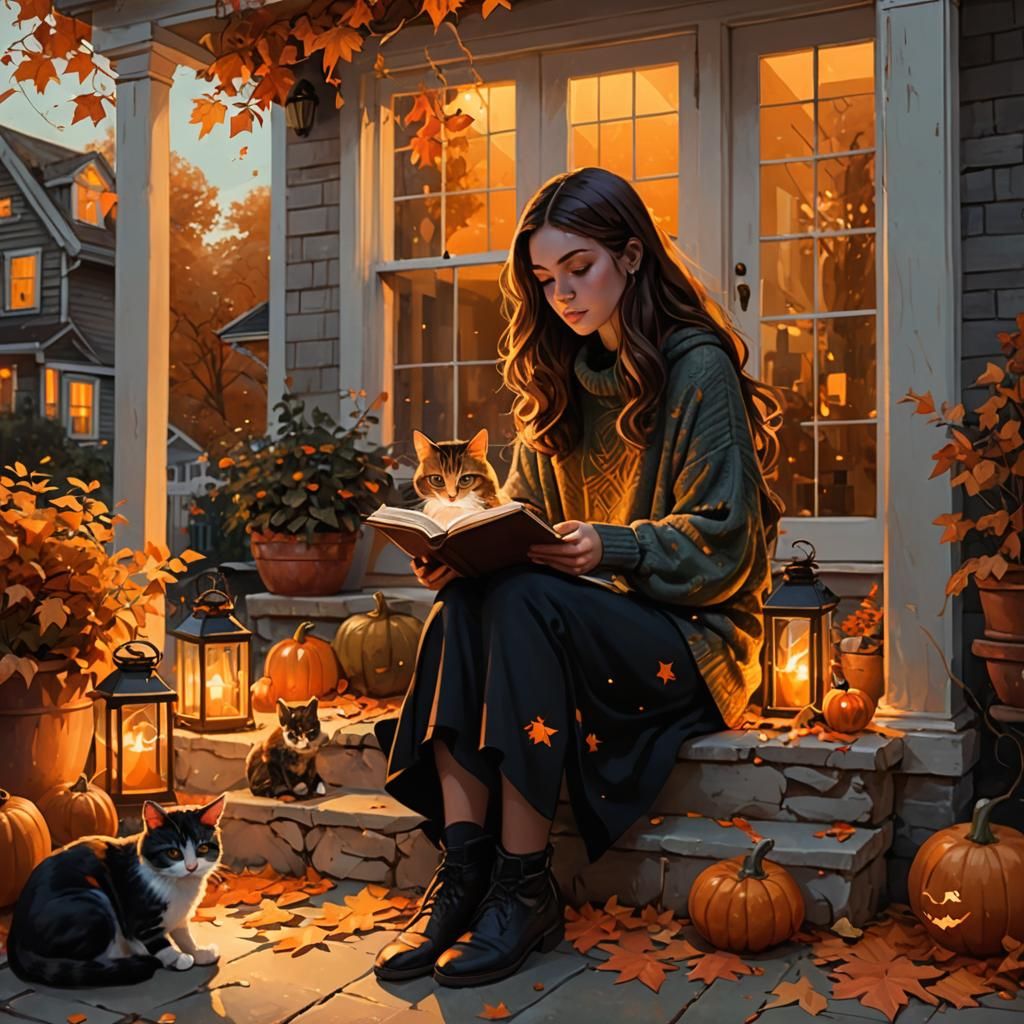 Girl Reading with Cat in Autumnal Digital Art