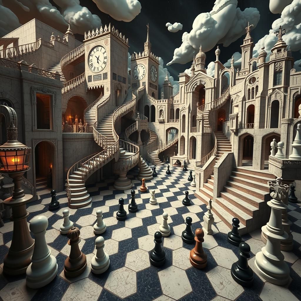 Surreal Unusual Chess Boards Puzzle Art Games Uncanny Valley MC Escher Architecture