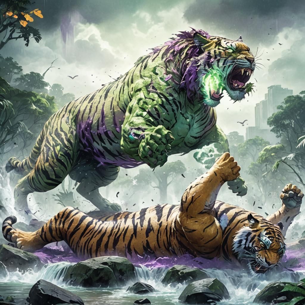 Tiger Hulk Hybrid Roaring in Jungle, Comic Book Style