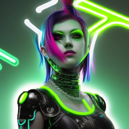 Cyborg Girl with Neon Accents, Digital Art