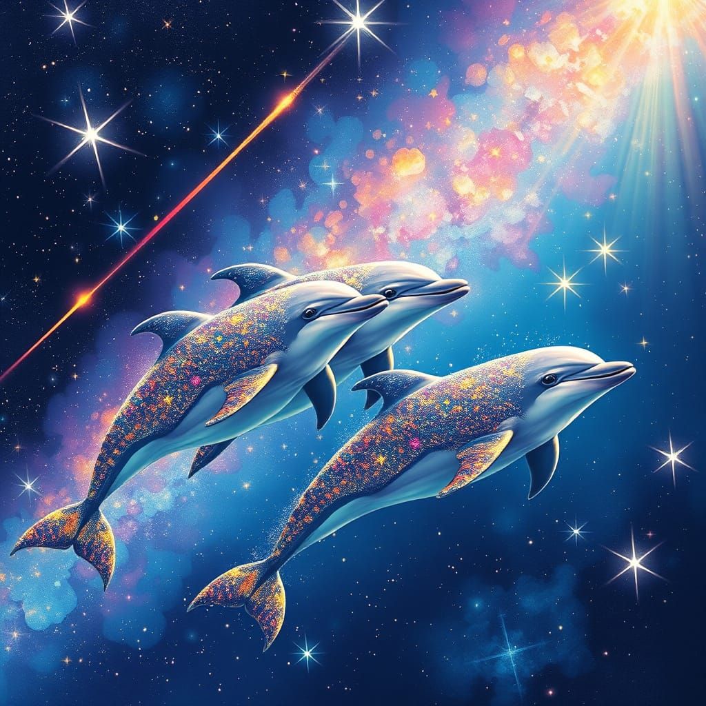 Dolphins Swimming Through Starry Sky as Astral Illustration