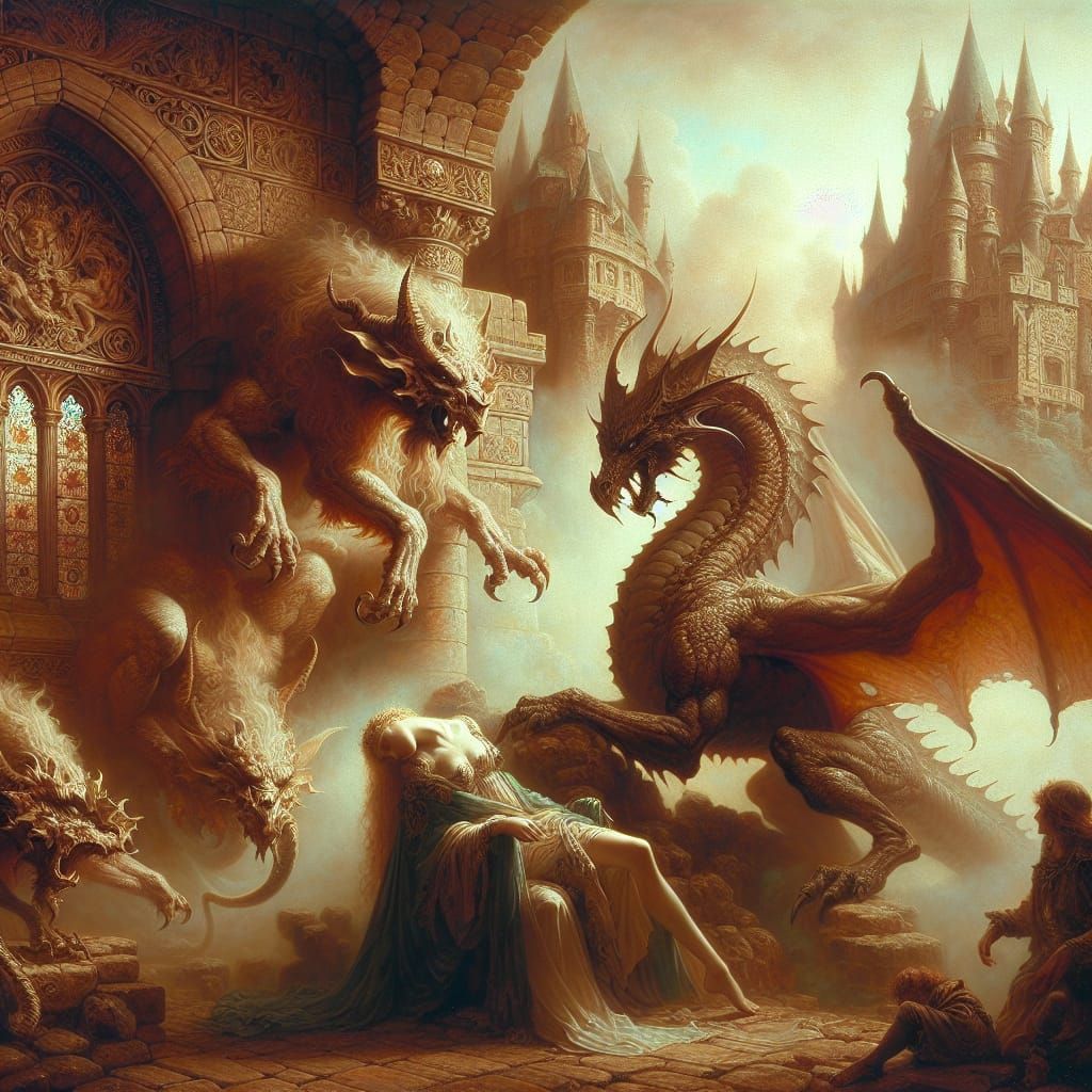 Chimera and Dragon Battle Over Elf in Castle