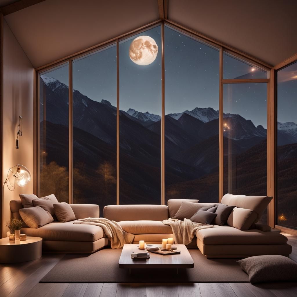 Cozy Room with Mountain View at Night