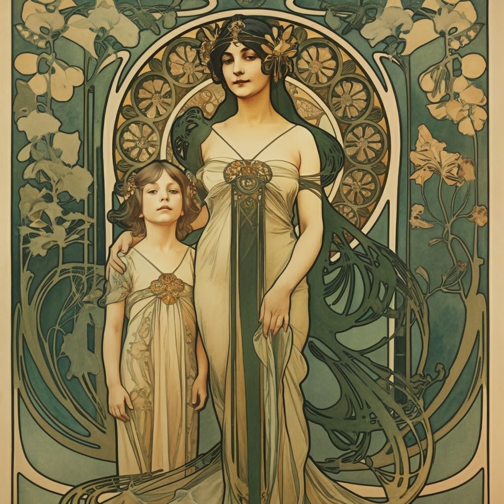 Elegant Woman and Child in Art Nouveau Style