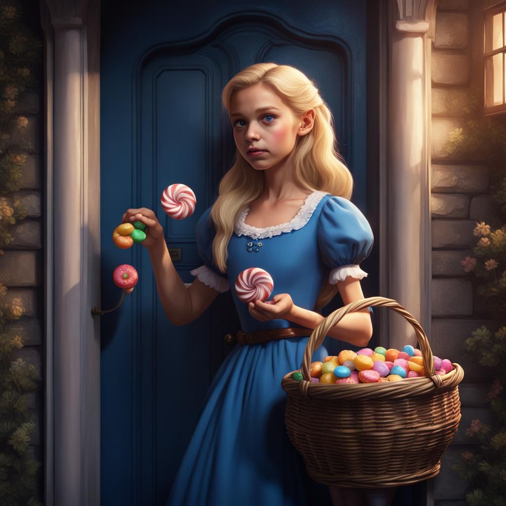 Girl Rings Doorbell with Candy Basket: Fantasy Art