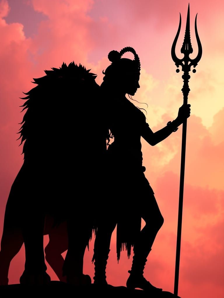 Silhouetted strength with lion and trishul