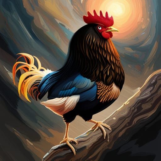 Hyperrealistic Rooster Crows at Sunrise: Digital Painting