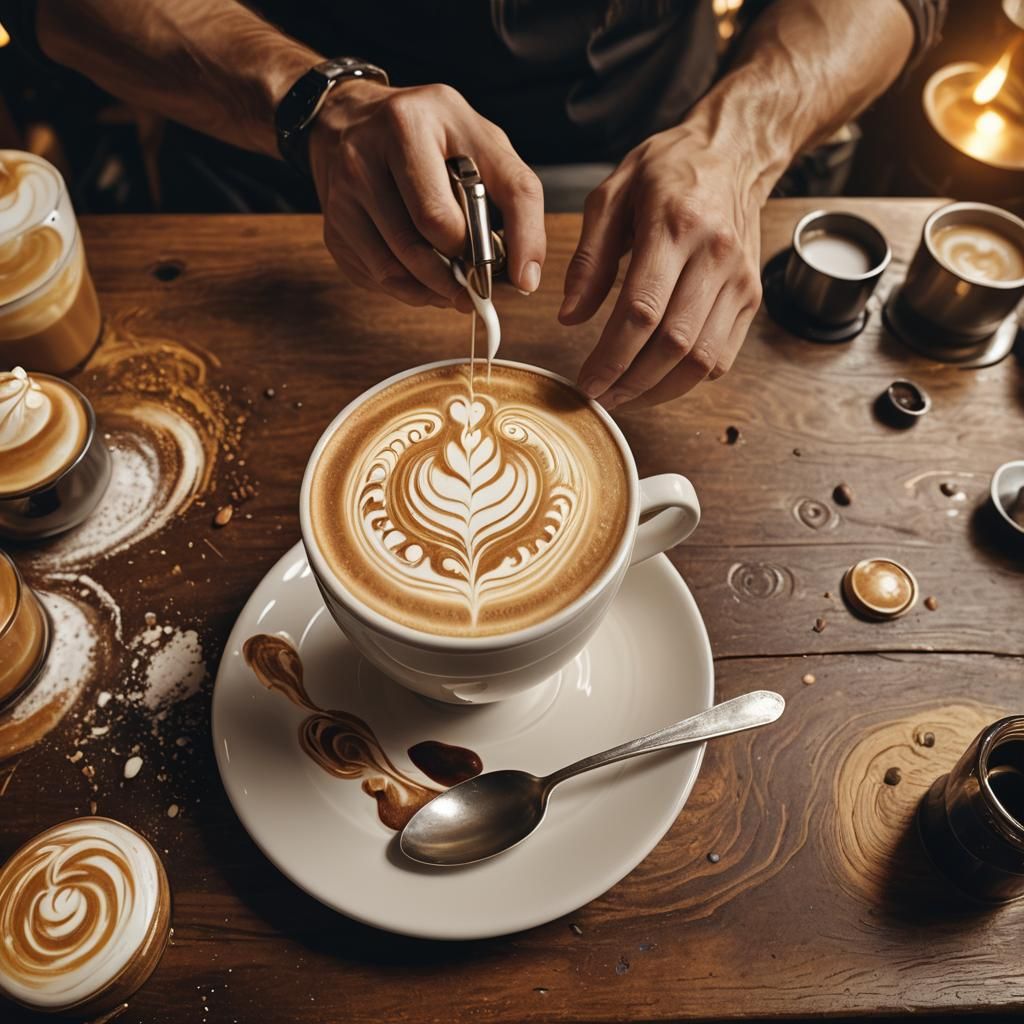 Intricate Latte Art in Cozy Coffee Shop
