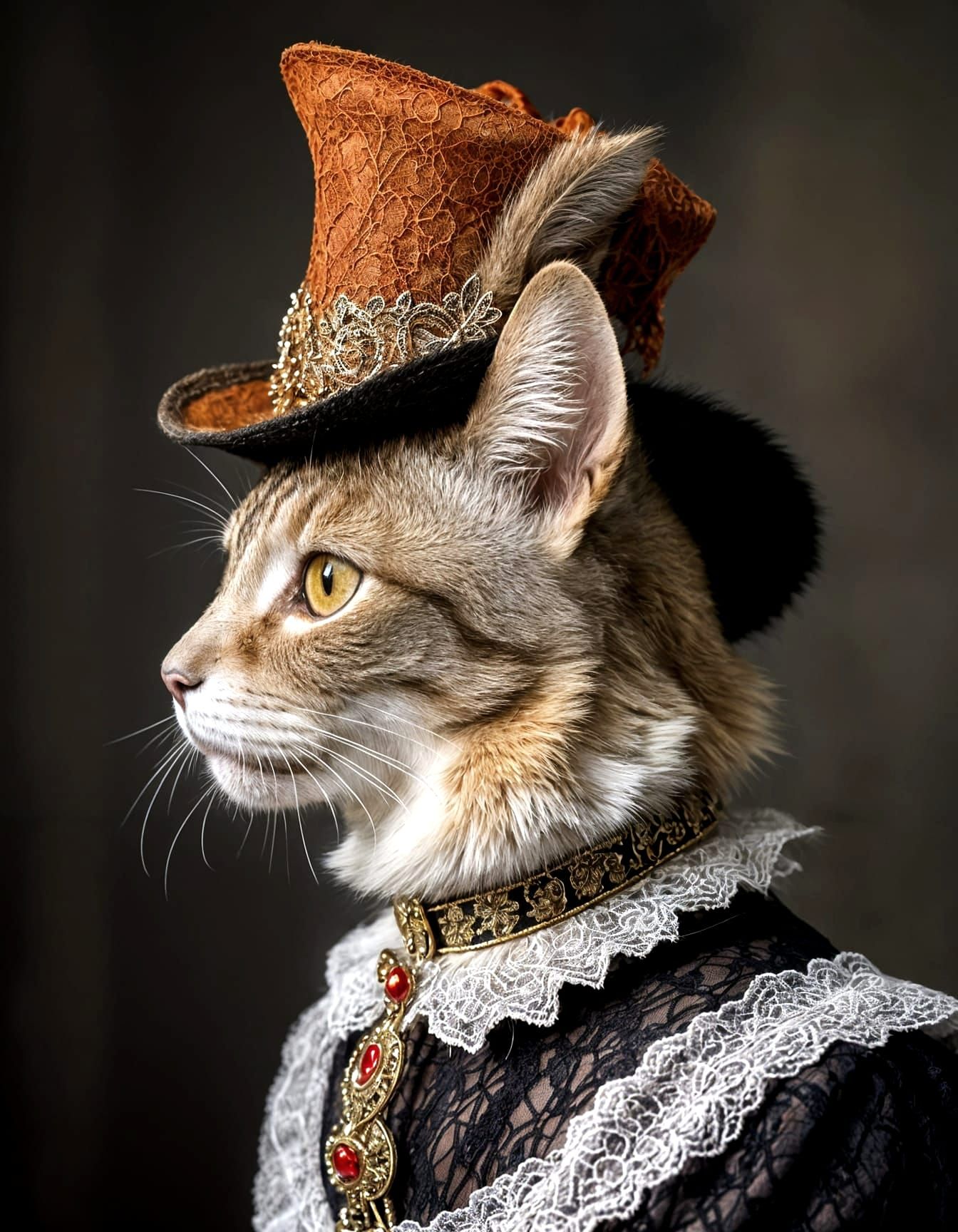 Victorian Cat Portrait with Lace and Golden Eyes