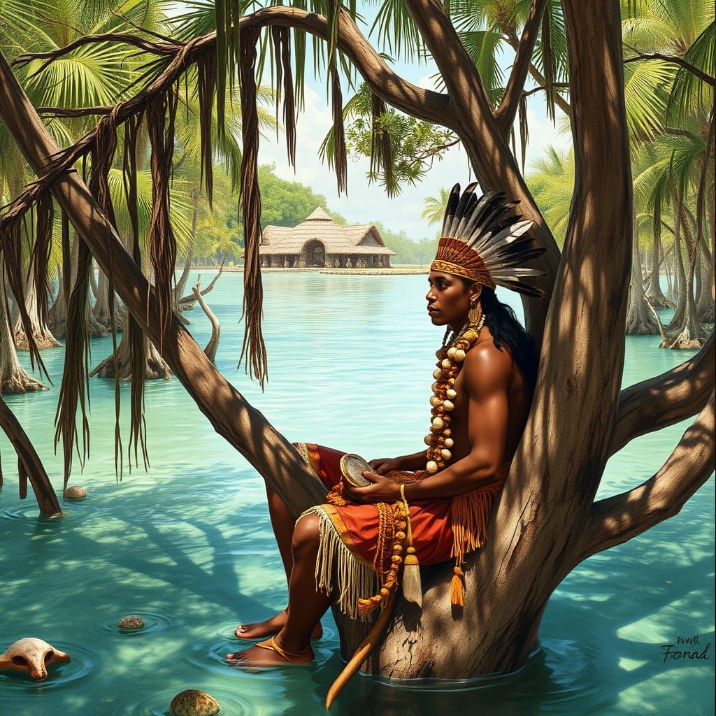 Tribal Figure in Cypress Tree, Seashell Mound Village in Bac...