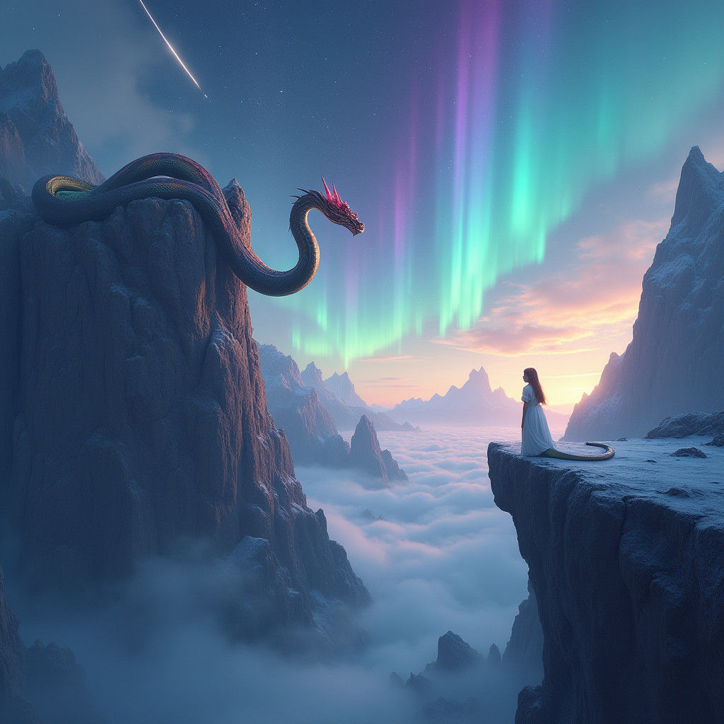 Serpent and Child Under Aurora, Dreamlike Concept Art