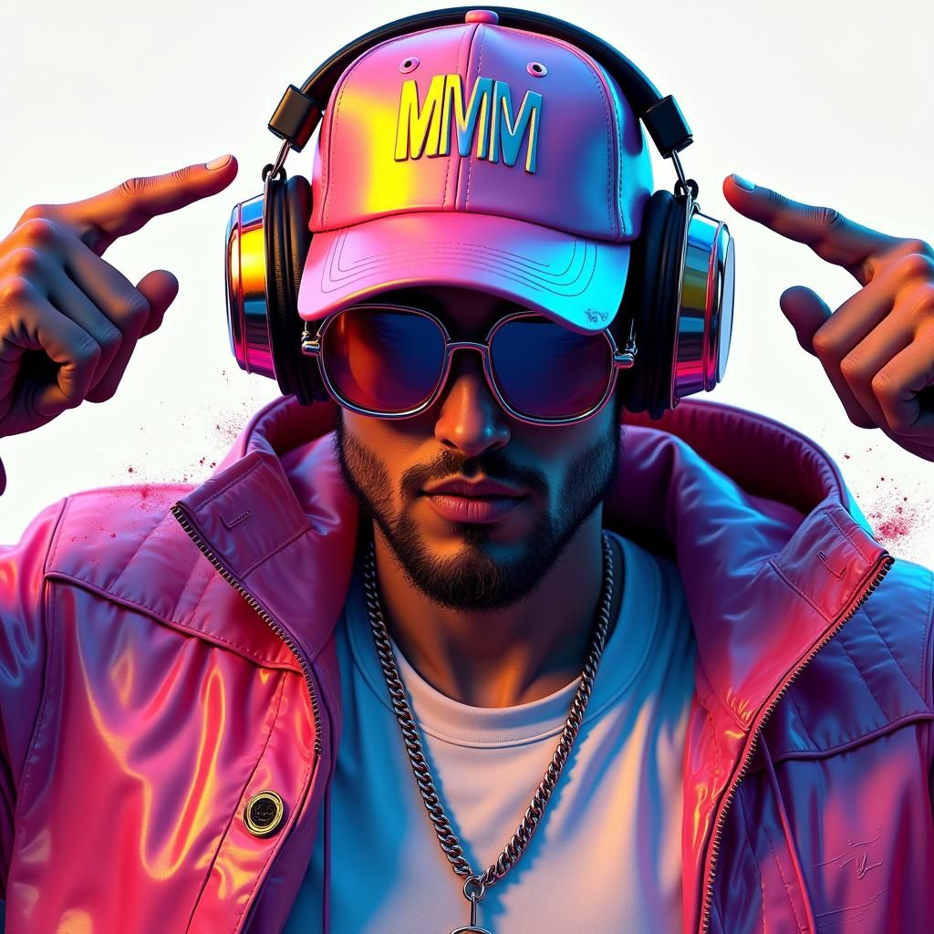 Polychromatic Figure Points to Chrome Logo in Graffiti Art