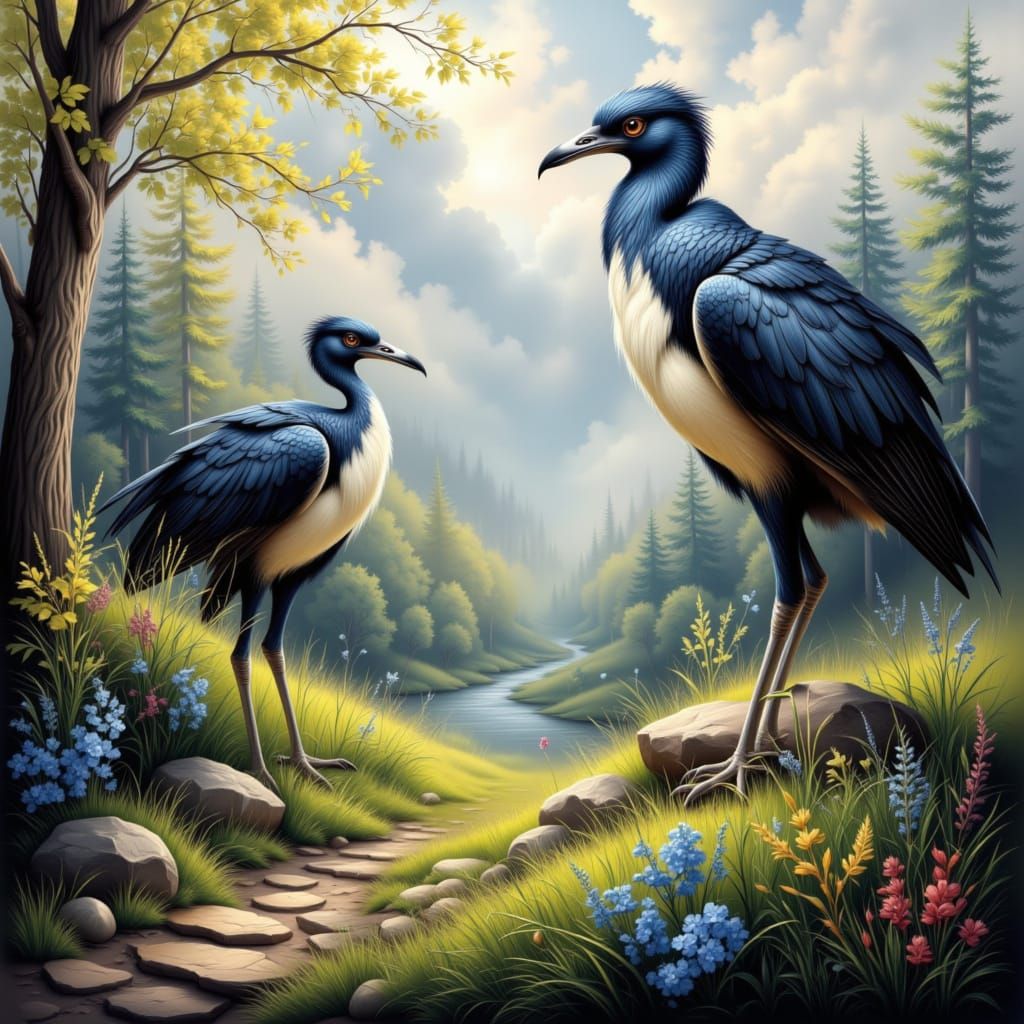 Anthropomorphic Bird Warrior Meets Stags in Forest Clearing