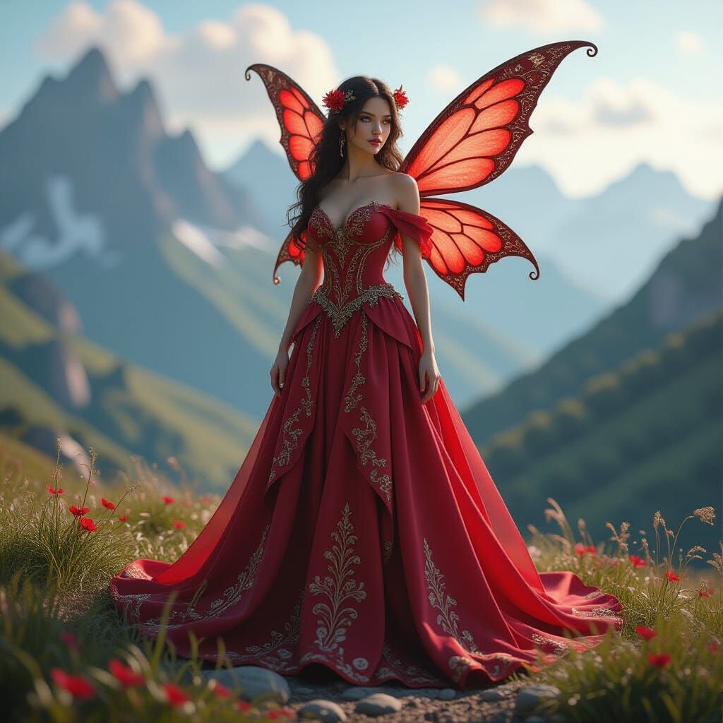 Detailed Fairy in Red Nature Landscape, Matte Painting