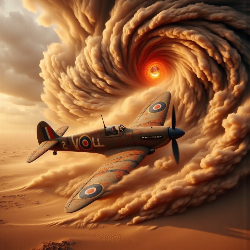 Rust-Hued Spitfire Chased by Apocalyptic Sandstorm