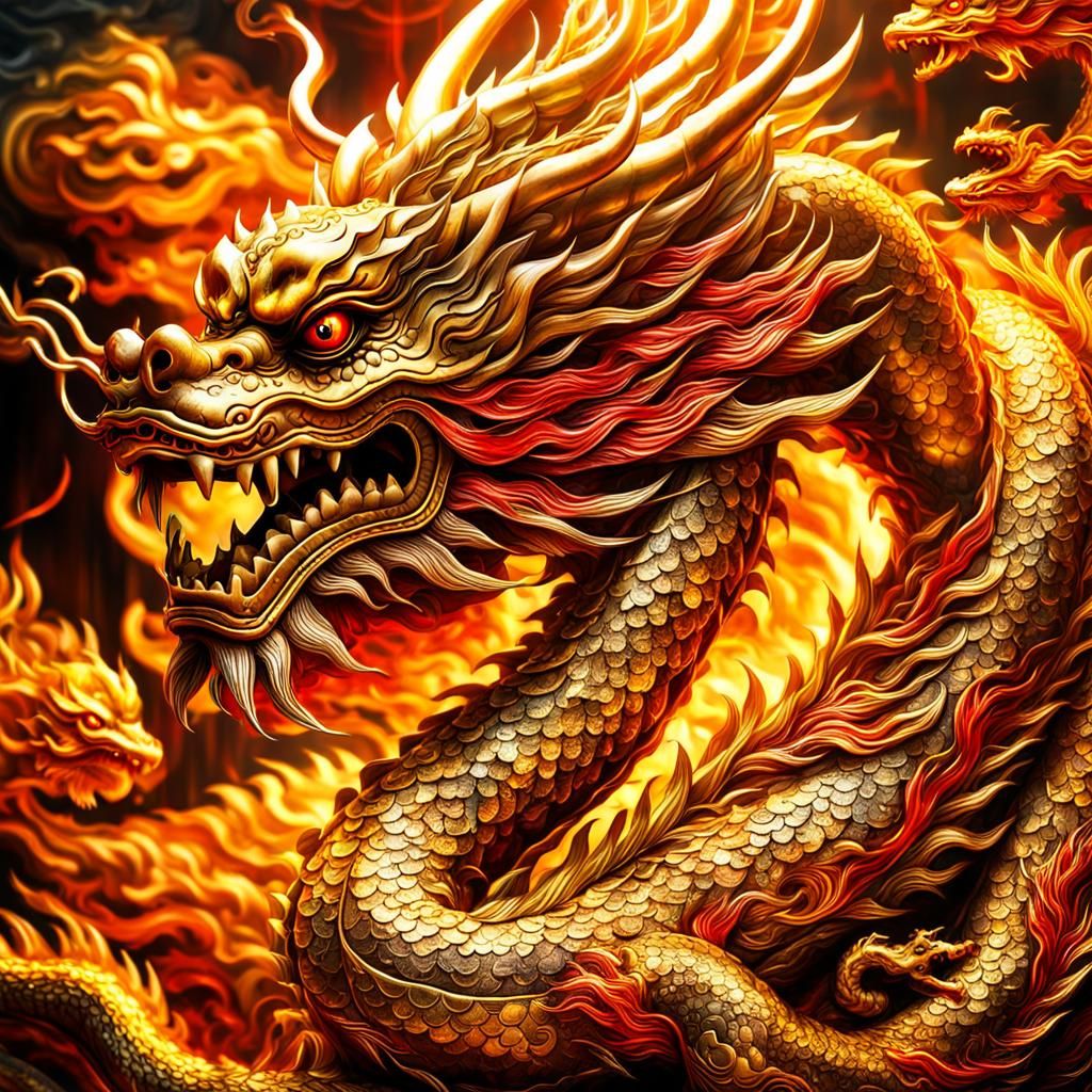 Mystical Chinese Dragon in Gold, Red, and Orange