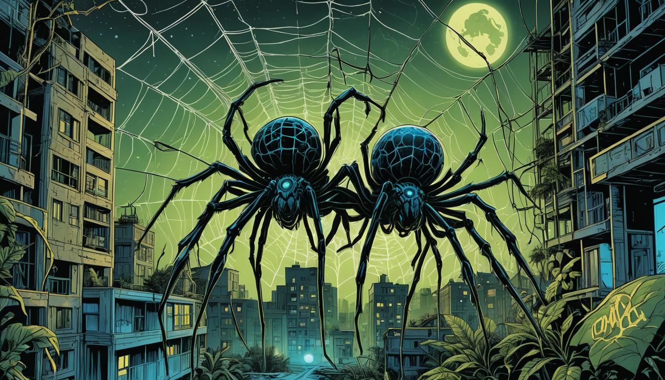 Giant Spiders Weaving Webs in Neon Noir Comic Style