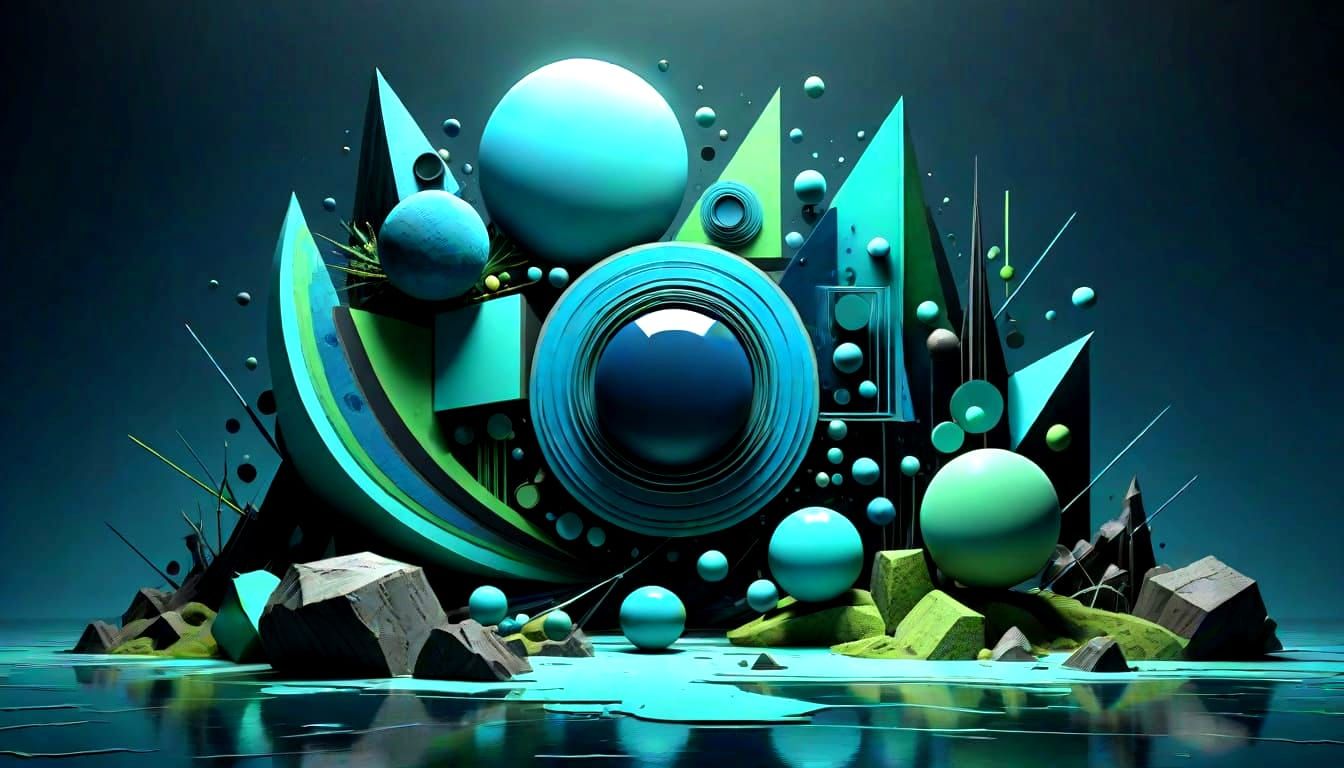 Abstract 3D Render: Geometric Shapes in Serene Landscape