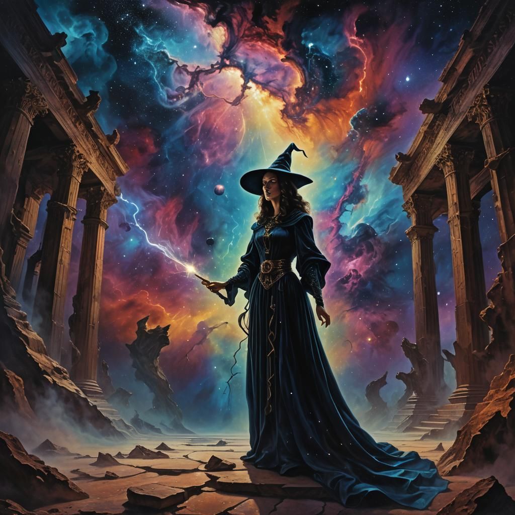Witch in Andromeda Galaxy Temple, Surreal Illustration