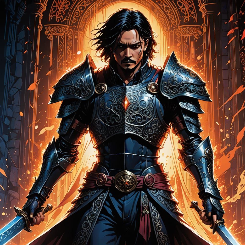 Mystical Knight in Vibrant, High-Contrast Cel-Shaded Style