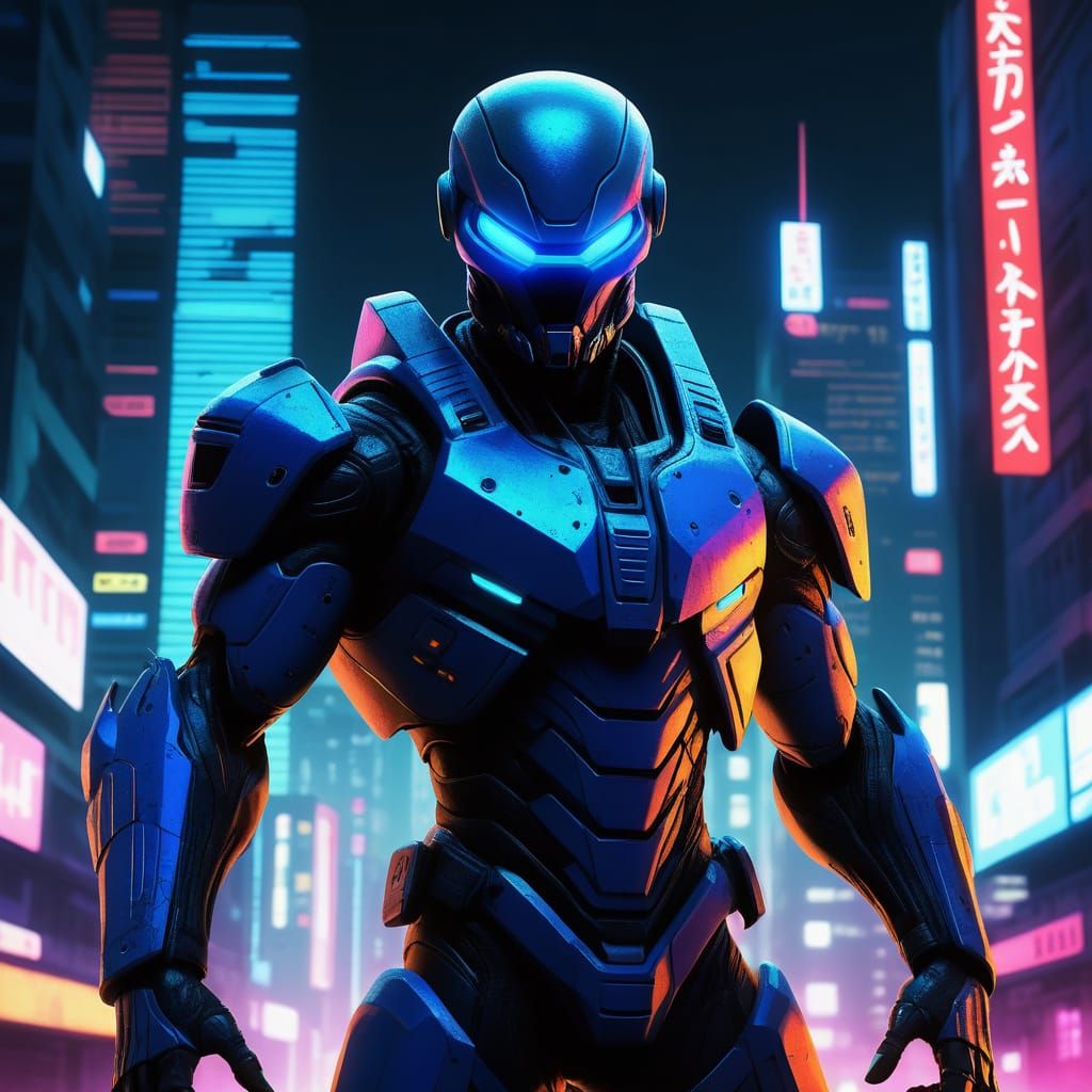 Cyberpunk Alien Warrior in Neon-Lit Ruins