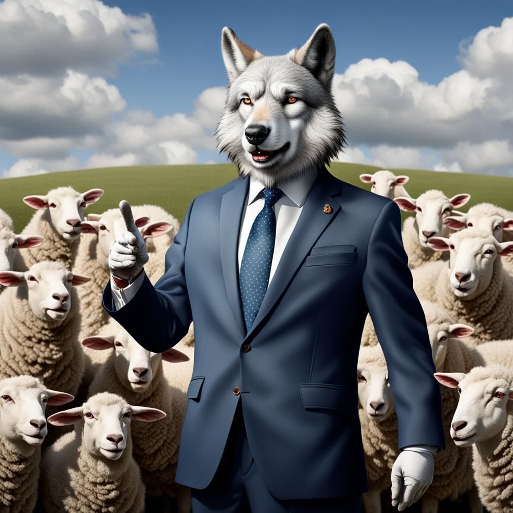 Anthropomorphic Wolf Politician Speaks to Sheep