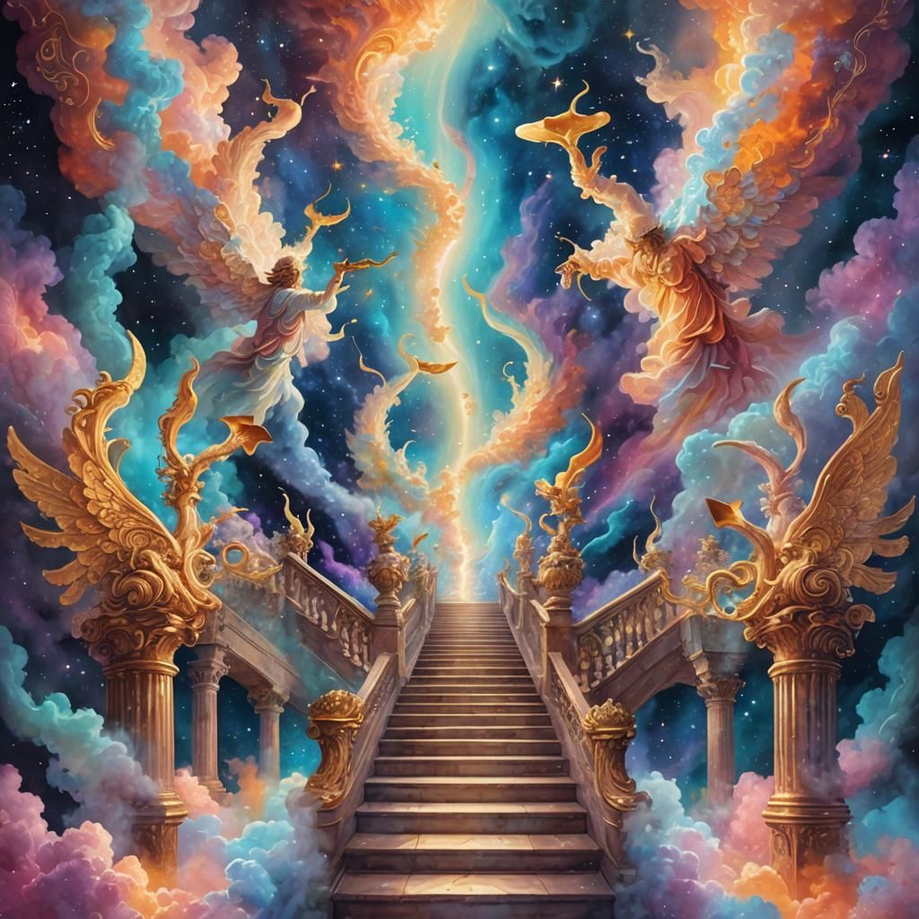 Ethereal Stairway to Heaven with Angels in Cosmic Art
