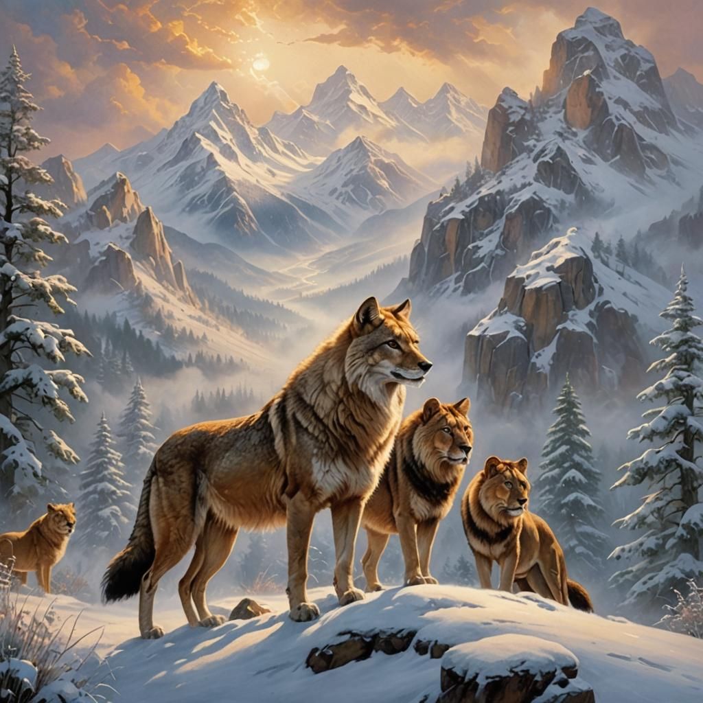 Coyote and Lions in Snowy Mountain Scene