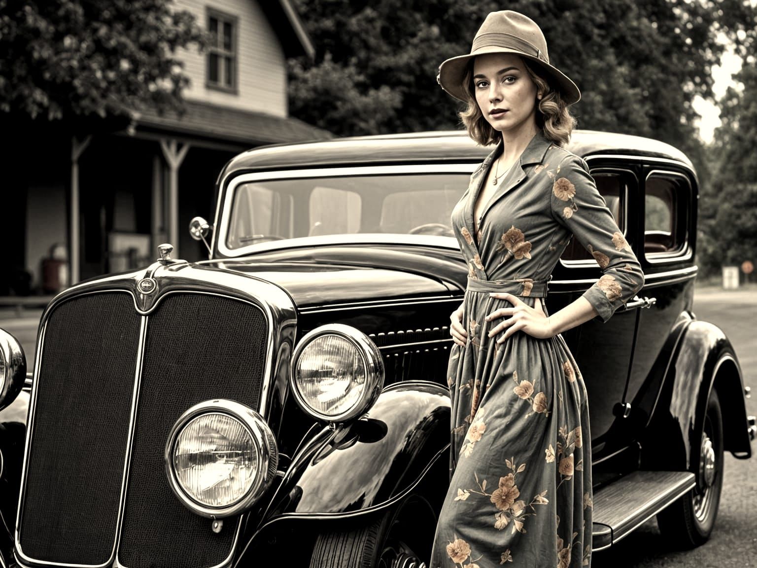 Woman and 1930s Ford Sedan: Classic Americana