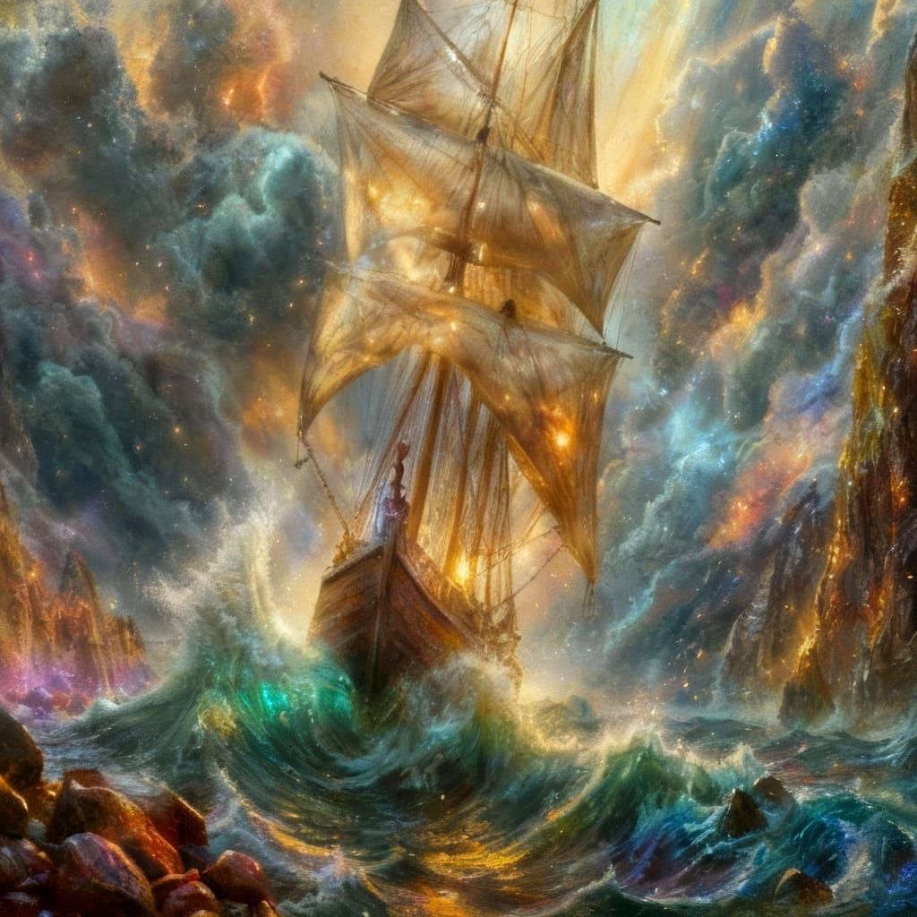 Ethereal Ship Battles Stormy Seas in Romantic Style