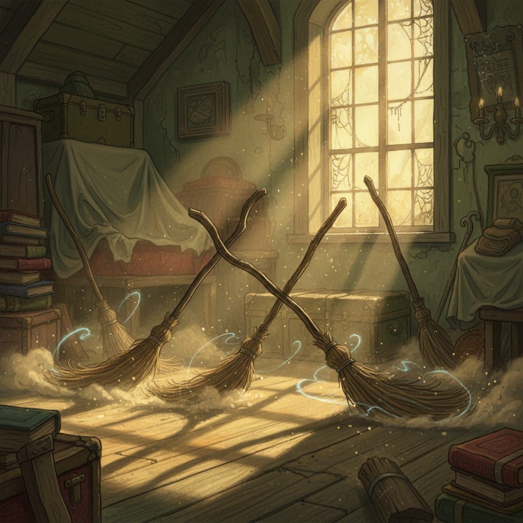 Enchanted Antique Brooms Sweep Dusty Attic Floor