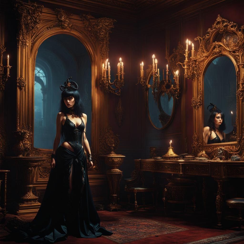 Gothic Woman Reflecting in Broken Mirrors