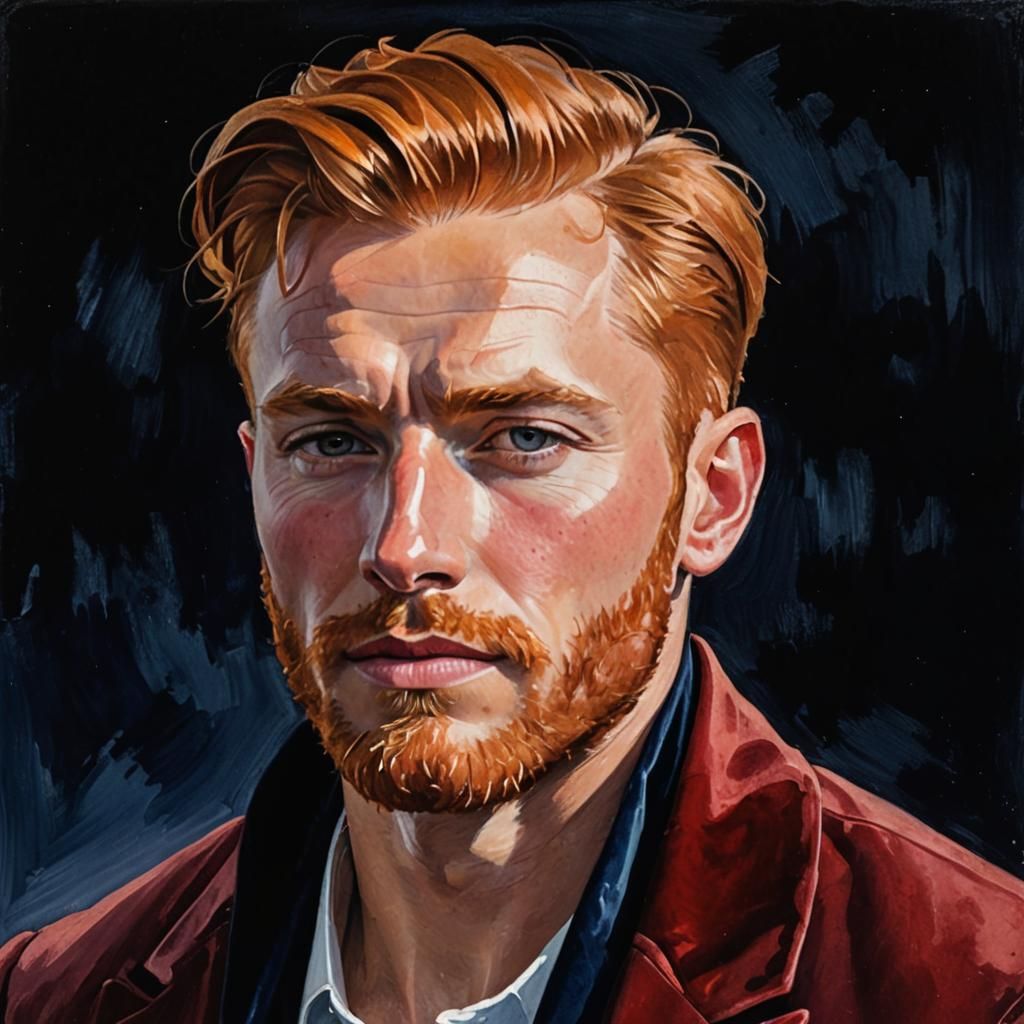 Ginger Bearded Man in Velvet Suit: Impasto Gouache Portrait