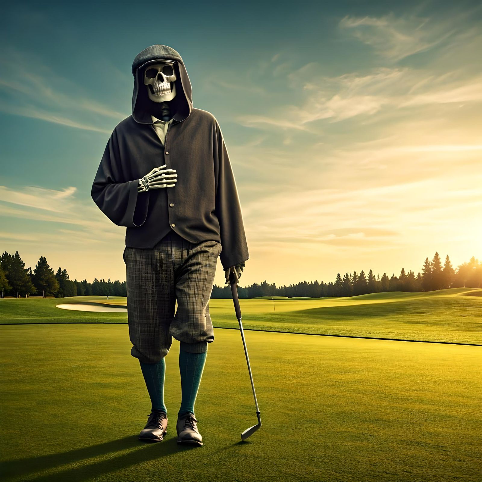 Smiling Grim Reaper Plays Golf